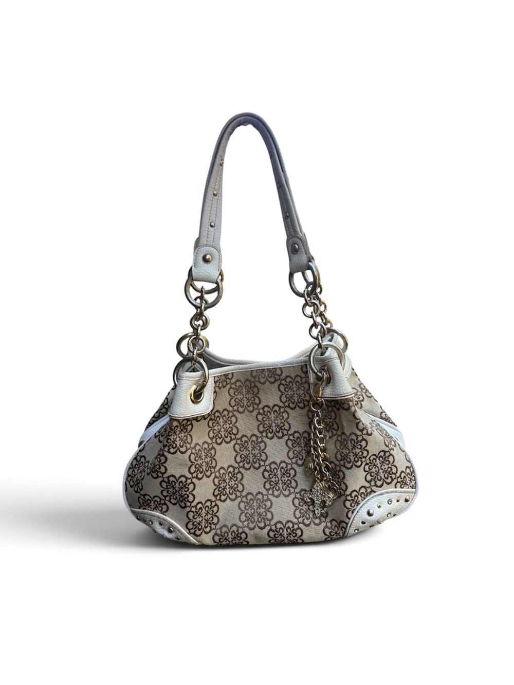Y2K-era Kathy Van Zeeland shoulder bag featuring a beige/brown floral print